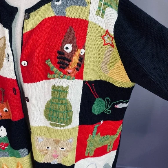 Vintage Susan Bristol Black Color Block Cat Sweater Cardigan Hand Embroidered XL - Picture 3 of 7